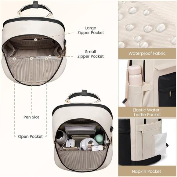 Laptop Backpack for Women 15.6 Inch, Beige Black main image 5